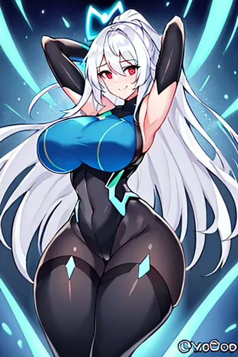 1girl, white hair, large breasts, breasts, thick thighs, wide hips, red eyes, bodysuit, black bodysuit, pantyhose, long hair, light smile, happy, science-fiction, tech, futuristic, black pantyhose, thighhighs, neon, machinery, hair ornament, ornament, neon...