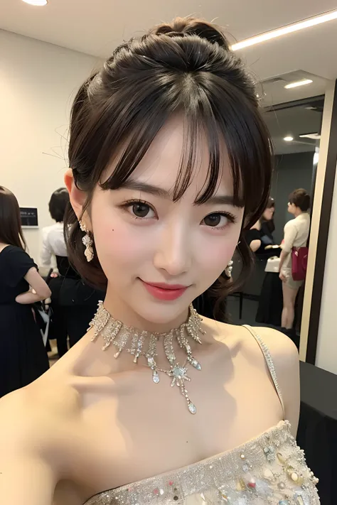 (extra detailed body、extra detailed face、best qualtiy:1.2)、femele、looking at the viewers、Worldview along the way、Upstyle hairstyles、Party Dress Outfit、a smile、Fancy accessories、Mojiko Retro in the background