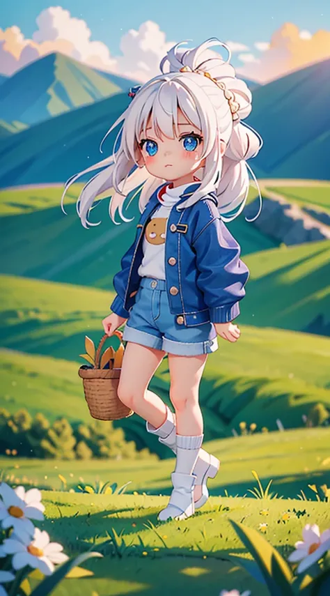 Cute little girl, chibi style, white hair, blue eyes, sweater, cute jean shorts, sitting on grass, cute face, mid calf socks, cute laced boots, white ankle boots, white high-tops boots, cute boots, sunset, grassy field, looking at viewer, top knot, sad exp...