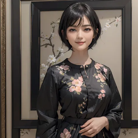 93
(a 20 yo woman,is standing), (A hyper-realistic), (masutepiece), ((short-hair:1.46)), (Smooth black hair), wear long pants, (Wearing a long-sleeved shirt with a floral print), (painterly、picture frame), (Gentle smile), (Keep your mouth shut)