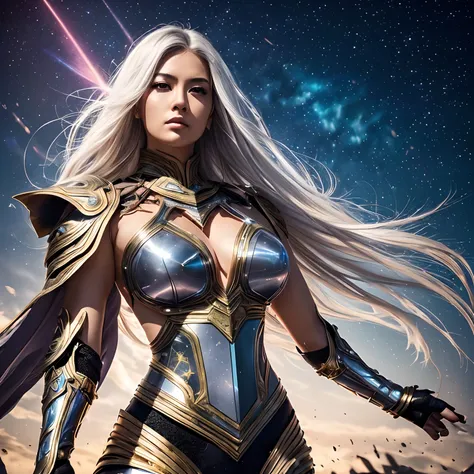 (Realistic, masterpiece, ethereal, cosmic, prism colors background, vivid light, refracting light, surreal aesthetic, cinematic lighting), (1female, Asian milf, big beautiful woman, beautiful face, black armor with gold accents, heavy chest plate, heavy sh...