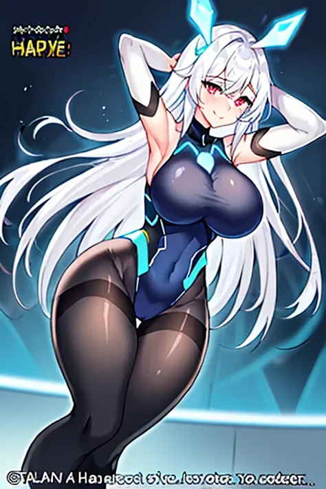 1girl, white hair, large breasts, breasts, thick thighs, wide hips, red eyes, bodysuit, black bodysuit, pantyhose, long hair, light smile, happy, science-fiction, tech, futuristic, black pantyhose, thighhighs, neon, machinery, hair ornament, ornament, neon...