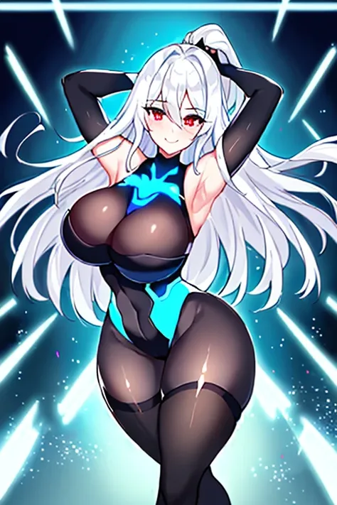 1girl, white hair, large breasts, breasts, thick thighs, wide hips, red eyes, bodysuit, black bodysuit, pantyhose, long hair, light smile, happy, science-fiction, tech, futuristic, black pantyhose, thighhighs, neon, machinery, hair ornament, ornament, neon...