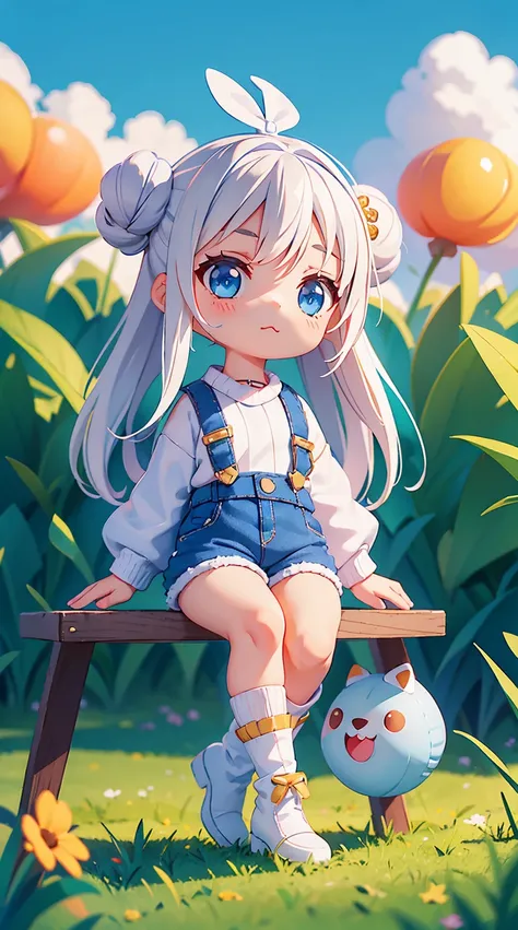 Cute little girl, chibi style, white hair, blue eyes, sweater, cute jean shorts, sitting on grass, cute face, mid calf socks, cute laced boots, white ankle boots, white high-tops boots, cute boots, sunset, grassy field, looking at viewer, top knot, sad exp...