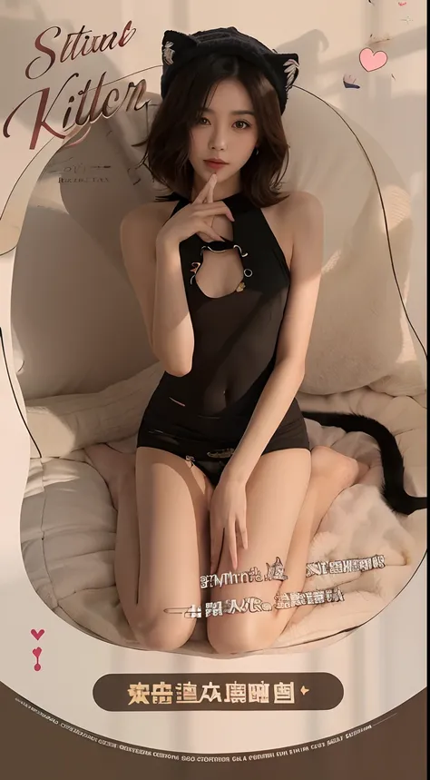 There is a woman sitting on the bed having，Wearing a cat hat, Open V chest clothes, Sexy :8, 2263539546], 1285445247], smooth white tight clothes suit, trending at cgstation, photo of slim girl model, Attractive cat girl, trending on cgstation, shaxi