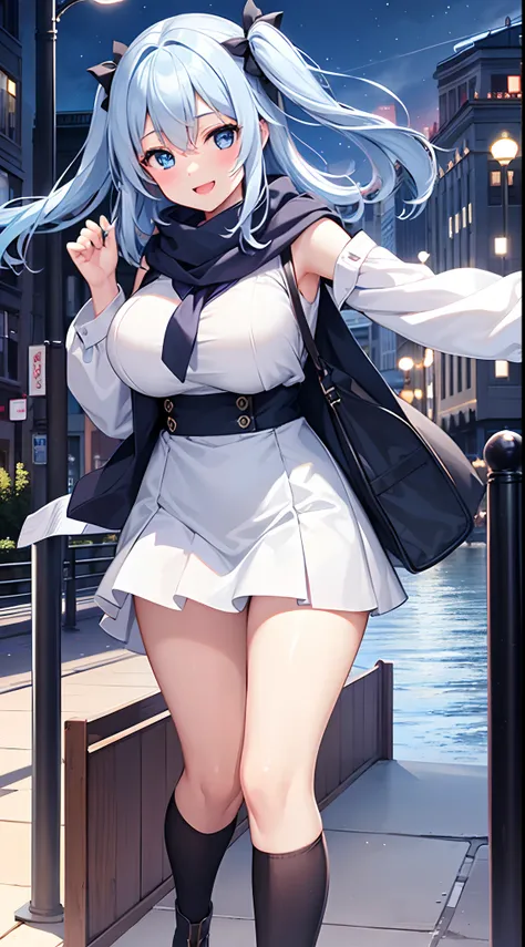 1 girl, game CG, white shirt, shoulders visible, short skirt, string hair ribbon, winter scarf, gigantic breasts, light blue hair, middle hair, two side up, blue eyes, lake, bridge, city, dynamic, smile,