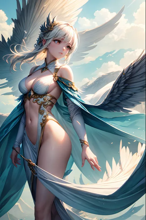 "Craft a mesmerizing image featuring a woman graced with the majestic wings of an air-themed dragon. Envision her attire as light and airy, reflecting the essence of wind and sky. The dragon wings, with feathers reminiscent of clouds, soar gracefully behin...