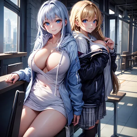 Im wearing a hoodie over my blazer、Beautiful girl，a smile，top-quality，huge tit，girl，​masterpiece，Erotic cute，blue eyess，academy，beautiful a girl，超A high resolution，