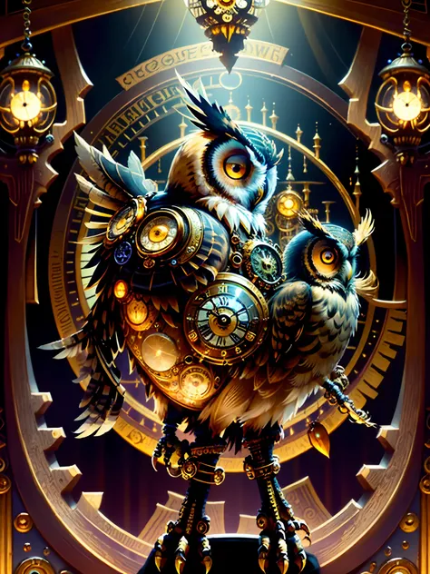 there is a large owl with a clock on its head, mechanical owl, high quality steampunk art, owl wizard, detailed steampunk illustration, 4k highly detailed digital art, steampunk owl inside a glass jar, high detailed official artwork, steampunk owl pocketwa...