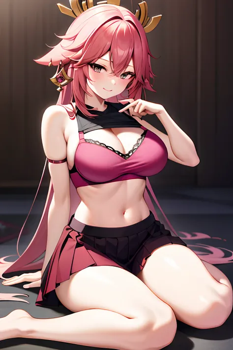 1Yae miko, large breasts,, pink hair, cleavage, navel, t-shirt, ((bra)),clothes lift, skirt, lying, full Body,sexy body,sitting