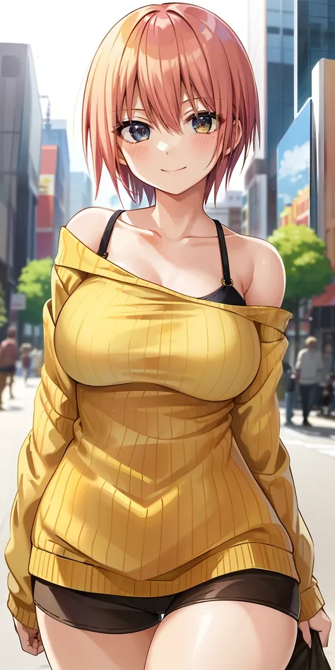 2d, masterpiece, best quality, anime, highly detailed, 1 girl, solo, cowboy shot, nakano ichika, pink hair, short hair, yellow sweater, off shoulder sweater, collarbone, long sleeve, (black bra), breasts medium, smile, outdoors, city, big round breasts, wi...