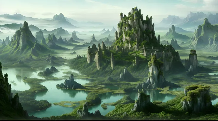 large emerald castle, surreal landscape of verdant forest, city of plants, verdant landscape, planet of plants, verdant tundra, plant mine, emerald mountains in the distance, emerald lake with interconnected verdant cliffs forming bridges to a verdant towe...