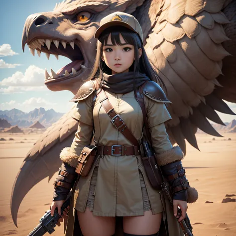 超A high resolution、An ultra-high picture quality、8K、Detailed details、marvelous expression、1 person teenager、The big condor monster is your buddy、Monster Hunter Character Costumes、Have a big weapon、Vast desert background、