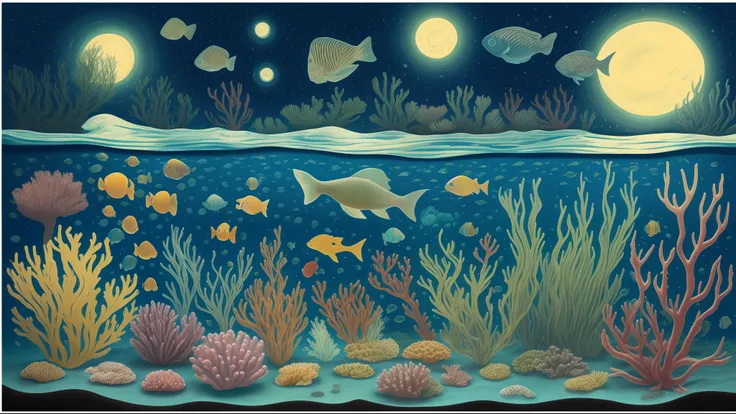 Underwater scene with fish and plants in starry nights style