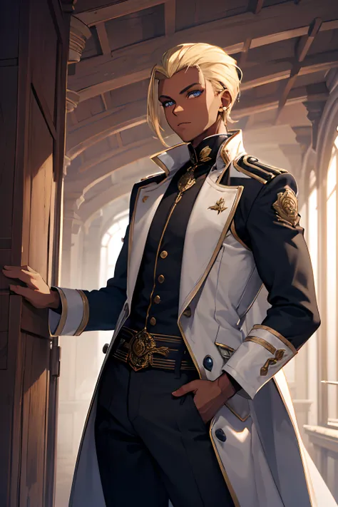 1boy, male, young, tanned, dark skin, hair back, slicked back, blonde hair, short hair, slicked back, detailed eyes, blue eyes, bright eyes, super detailed face, jacket, overcoat, explorer, inventor, long pants, elegant, elegant costume, wizard