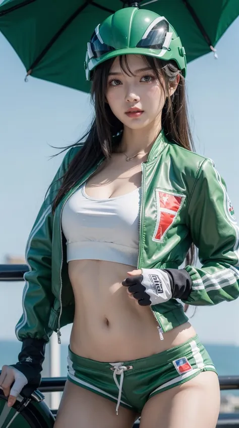 (masterpiece), best quality, expressive eyes, perfect face, cute woman, (Indonesian girl:0.2), jewerly, (wide hips), fit body, (navel:0.2), wearing indonesia GoJek light green cropped jacket, (black stripe jacket), green biker jacket, (jacket with "Ojol" t...