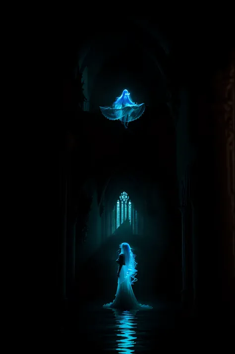 ((medium close shot)), ((Beautiful ghost woman)), ((long flowing hair)), (translucent), (transparent glowing blue), (ethereal), (otherworldly), (in medieval torn and ragged dress flowing), (barefoot), (floats in the air), inside the corridors of an ancient...