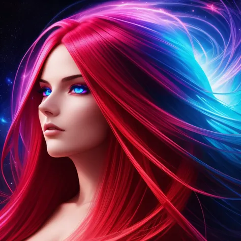 Stunning woman with vibrant red neon hair made of light, long flowing hair, glowing in the midst of galaxy formations in dark space, beautiful woman, hourglass figure, symmetrical, mesmerizing blue eyes, facing viewer, looking at viewer, dark fantasy, deta...