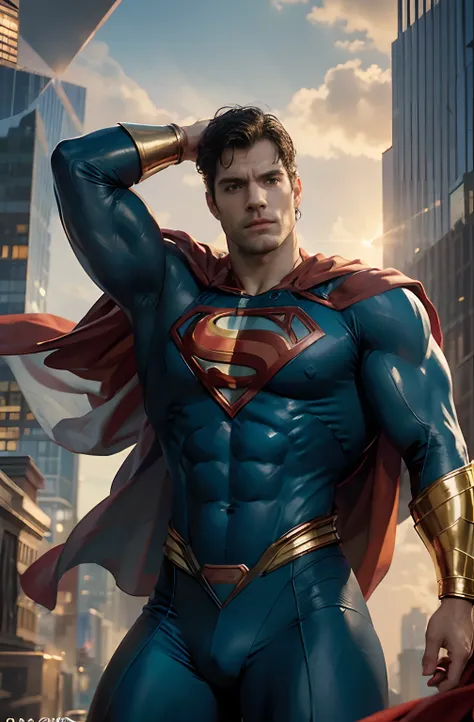 A powerful superhero with a strong jawline, intense blue eyes, and a muscular physique, Henry Cavill portrays the iconic character of Superman. Dressed in his signature red and blue spandex suit, he exudes strength and confidence. The cape billows behind h...