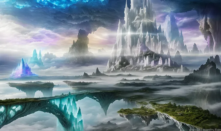 great crystal castle, surreal crystal landscape, city of clouds, translucent landscape, fog planet, floating white lands, sky nation, rainbow in the distance, wind air, white crystals, floating islands with interlocking rocks forming bridges to a transluce...