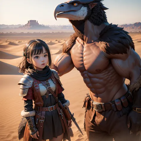 超A high resolution、An ultra-high picture quality、8K、Detailed details、marvelous expression、1 person teenager、The big condor monster is your buddy、Monster Hunter Character Costumes、Have a big weapon、Vast desert background、