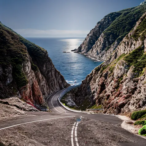 Wide and winding empty road by the sea that goes up towards the mountains with vast vegetation, the initial part of this road is by the sea with a bridge seen from below. Clear and calm sea. A large bright sun among the mountains is at mid-height in the ba...