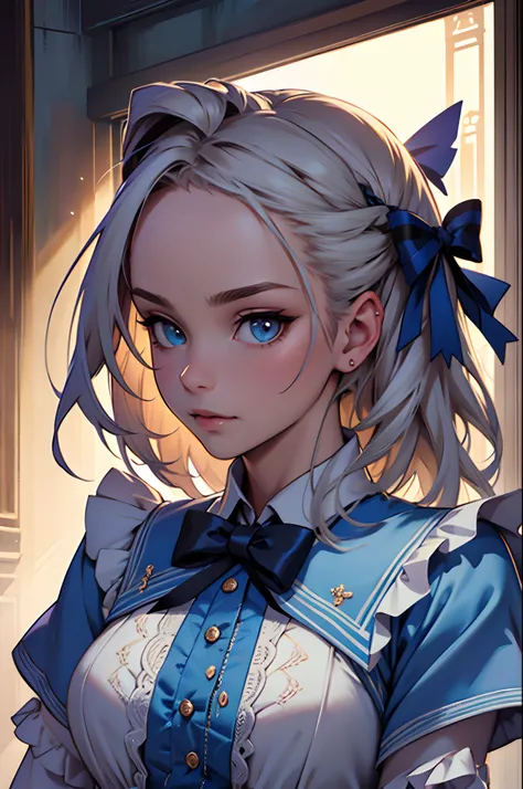 1girll, Masterpiece, Best quality, 8K, Detailed skin texture, Detailed cloth texture, Beautiful detailed face, Intricate details, Ultra detailed, alice in the wonderland, (A bow on the head:1.1), Upper body