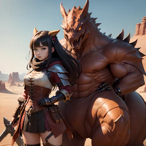 超A high resolution、An ultra-high picture quality、8K、Detailed details、marvelous expression、1 person teenager、Big dragon monsters are your sidekicks、Monster Hunter Character Costumes、Have a big weapon、Vast desert background、