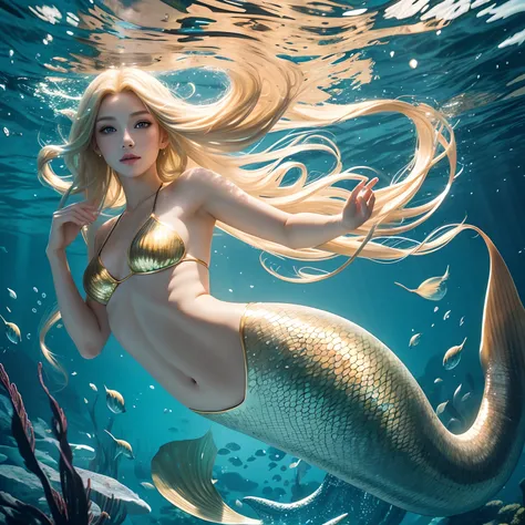 1 mermaid swimming underwater, Long blonde hair and beautiful face，（slender fish tail:1.3） ，The ultra-realistice，16k, Ultra-high-quality rendering