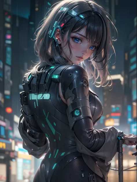 ((Best quality)),((Masterpiece)),((Ultra-detailed)),(illustration),(Detailed light),(An extremely delicate and beautiful),((1girll)),((Solo)),(Beautiful detailed eyes),Shiny hair,(((Cyberpunk city))),light pollution,((tightsuit)),rainy evening,Wet,(((cropp...