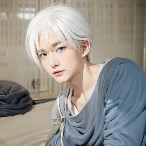 1boy, Gojo Satoru, blue eyes, white hair, pale skin