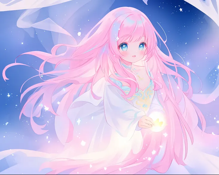 beautiful girl in glowing white dress, ((flowing white ballgown)), vibrant pastel colors, (colorful), magical lights, long flowing colorful pink hair, ((glowing aura around her)), flowing glowing hair, fantasia landscape background, whimsical, magical, fan...