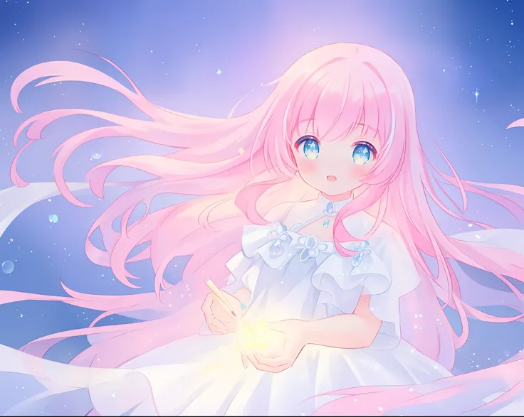 beautiful girl in glowing white dress, ((flowing white ballgown)), vibrant pastel colors, (colorful), magical lights, long flowing colorful pink hair, ((glowing aura around her)), flowing glowing hair, fantasia landscape background, whimsical, magical, fan...