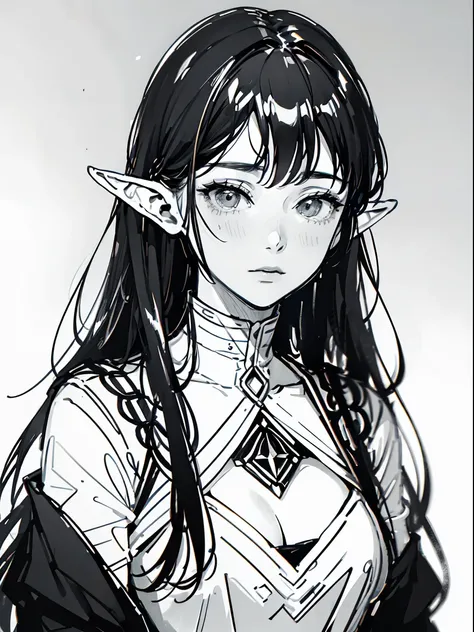 {4k image}, 1 beautiful elf woman, 30 years old, long hair (black), medium breasts, facing the viewer with a neutral expression, chest bandage, {centered image}, {just face and chest photo}, no background, Manga Semi-Realistic Art Style (monochrome)