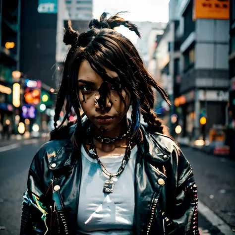 dark-skinned teen anime with chain around her neck and dark brown jacket, ele tem dreadlocks pretos, Heterocormia, , badass anime 8 k, arte digital do anime cyberpunk, arte de anime cyberpunk, Gatilho Estilo de Arte de Anime, Anime cyberpunk moderno, arte ...