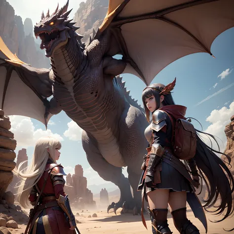 超A high resolution、An ultra-high picture quality、8K、Detailed details、marvelous expression、1 person teenager、Big dragon monsters are your sidekicks、Monster Hunter Character Costumes、Have a big weapon、Vast desert background、