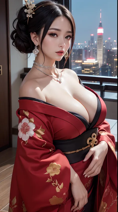 (hyper realstic)、Modern Oiran、(Female Ninja of the 21st Century)､Beautie　　high-level image quality　hight resolution　(Realistic)　Shorthair､Woman with dark hair、A MILF、Middle-aged woman、Big big、Detailed red-black 、detailed skin textures、超A high resolution、Re...