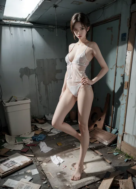 tmasterpiece，photograph realistic，Resident Evil，Abandoned schools，In a room full of garbage，Dirty 1.5，Very beautiful 25 year old Korean girl，White transparent sexy lingerie exposed ，White transparent panties recede to the crotch，Leaky，very beautiful long s...