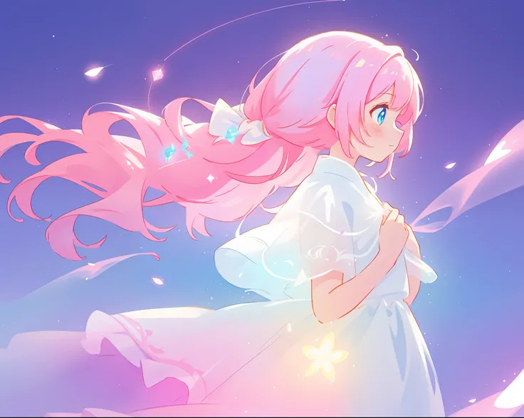 beautiful girl in glowing white dress, ((flowing white ballgown)), (looking away, profile view), vibrant pastel colors, (colorful), magical lights, long flowing colorful pink hair, ((glowing aura around her)), flowing glowing hair, fantasia landscape backg...