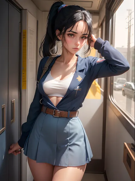 1girl in, Solo, Laura S. Alceid (long dark blue hair, Ponytail and side van, small tit), (Inspired by the trail of cold steel) ,(Accurate Hand Modeling,)In a school dress showing off her panties, In military schools, embarrassed