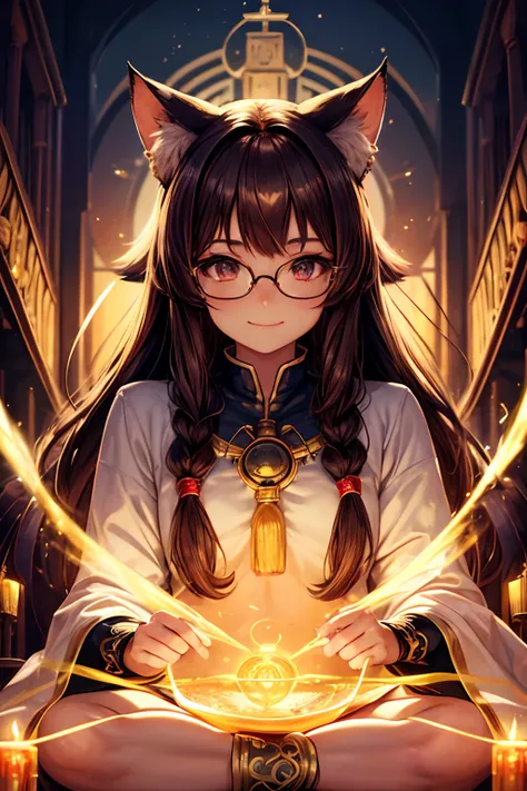 Top quality, high resolution, perfect human structure, background focus, front view, glowing hair, cat ears, brown hair, bobbed hair, smile, piece, glasses, shrine, priestess outfit, indian style , gradient eyes, swept bangs,