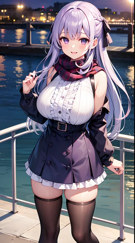 1 girl, game CG, frilled shirt, shoulders visible, short skirt, hair ribbon, winter scarf, gigantic breasts, light purple hair, long hair, french braid, purple eyes, lake, bridge, city, dynamic, smile,