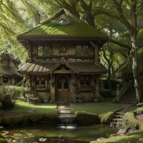 best quality,realistic detailed fantasy house in an enchanted forest,next to a peaceful stream,(lush greenery,abundant foliage,thick moss),(twinkling fireflies,dancing butterflies,whispering trees),(mysterious atmosphere,ethereal ambiance),(dreamlike,magic...