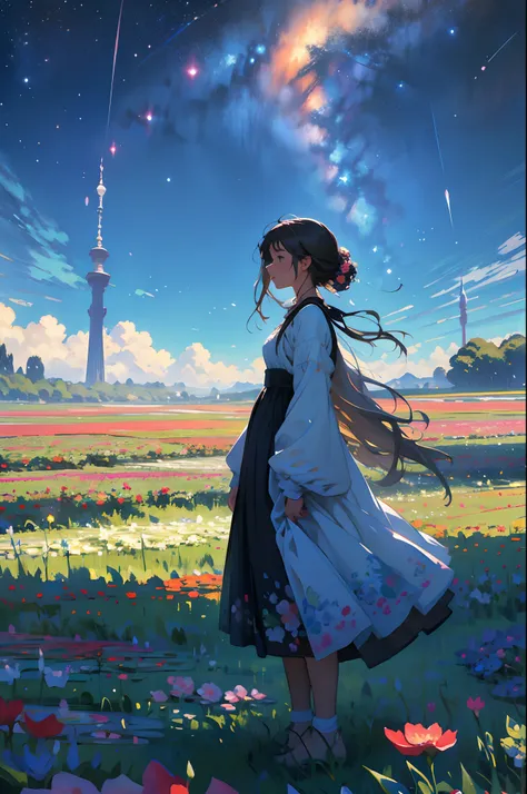 There is a girl standing in a flower field looking up at the sky, A girl standing in a flower field, A girl walks in a flower field, Get lost in a fantastic wonderland, standing in flower field, dreamlike digital painting, The sky is gradually clearing, Th...