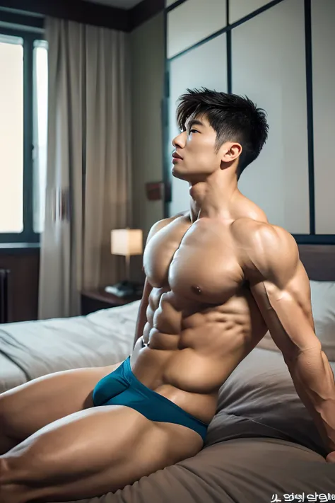 Masterpiece, Best Quality, Solo, Korean Men, bodybuilder, Muscular body, big muscle, Natural eyes, Short and delicate hair, Sexy Man, looking up at viewer, bedroom, touching himself, mens underwear, legs open, Muscular posture, sensual