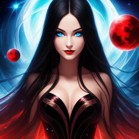 Noir painting of a young beautiful enchantress, goddess, magical, floating in space, hourglass figure, symmetrical, long black hair, lush dark red lips, fair skin, villainess, smiling, black prom dress, she is coming to you, up close, mesmerizing blue eyes...