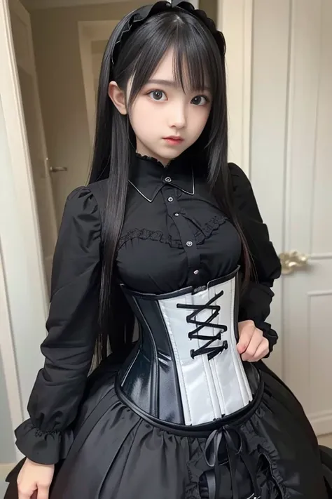 1girl in、Gothic Lolita Fashion、((Corset skirt))、((long black hair１５Year old girl))、Big breasts 1:4、big eye、Beautiful eyes、long eyelashes