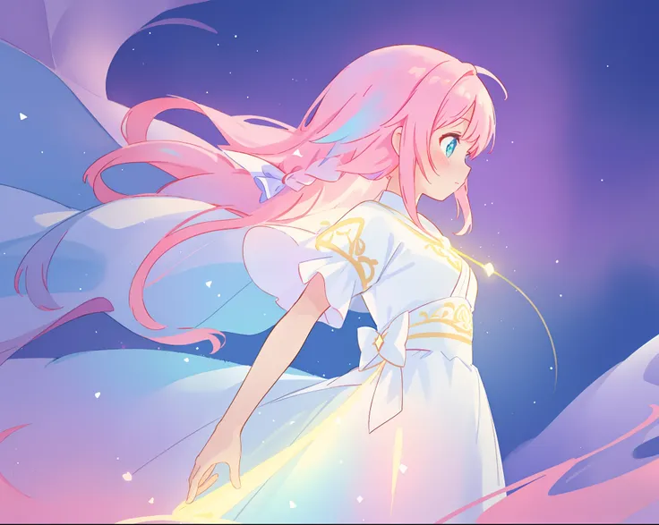 beautiful girl in glowing white dress, ((flowing white ballgown)), (looking away, profile view), vibrant pastel colors, (colorful), magical lights, long flowing colorful pink hair, ((glowing aura around her)), flowing glowing hair, fantasia landscape backg...