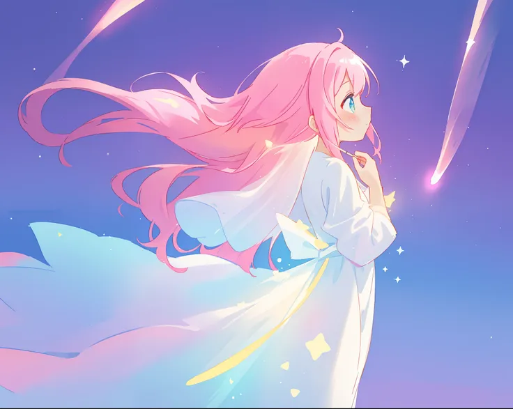 beautiful girl in glowing white dress, ((flowing white ballgown)), (looking away, profile view), vibrant pastel colors, (colorful), magical lights, long flowing colorful pink hair, ((glowing aura around her)), flowing glowing hair, fantasia landscape backg...