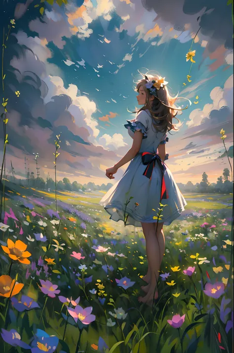 alice in the wonderland, (A bow on the head:1.1), Upper body，There is a girl standing in a flower field looking up at the sky, A girl standing in a flower field, A girl walks in a flower field, Get lost in a fantastic wonderland, standing in flower field, ...